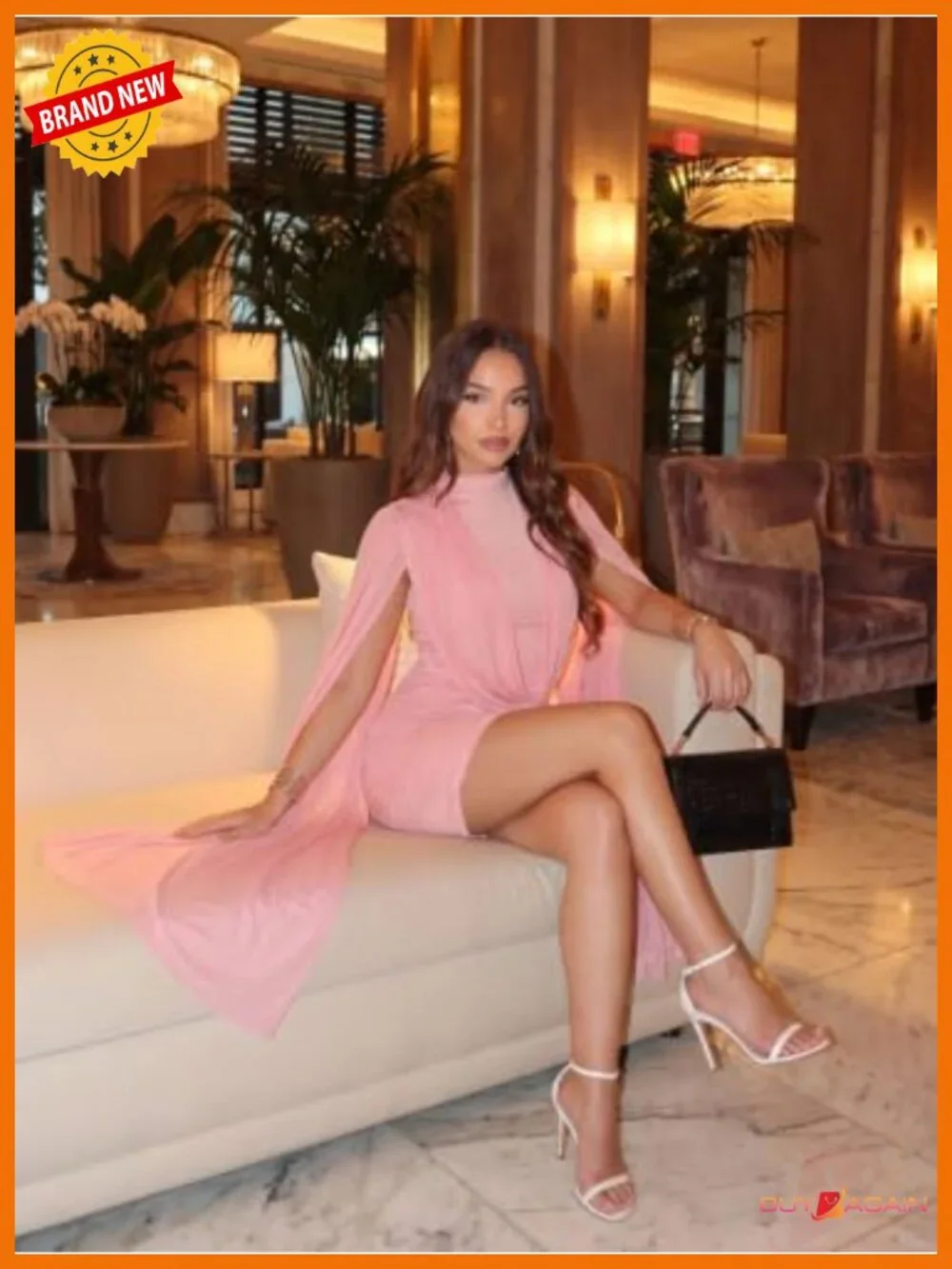 Women's Mesh Cape Sleeve Cowl Neck Ruched Bodycon Mini Dress